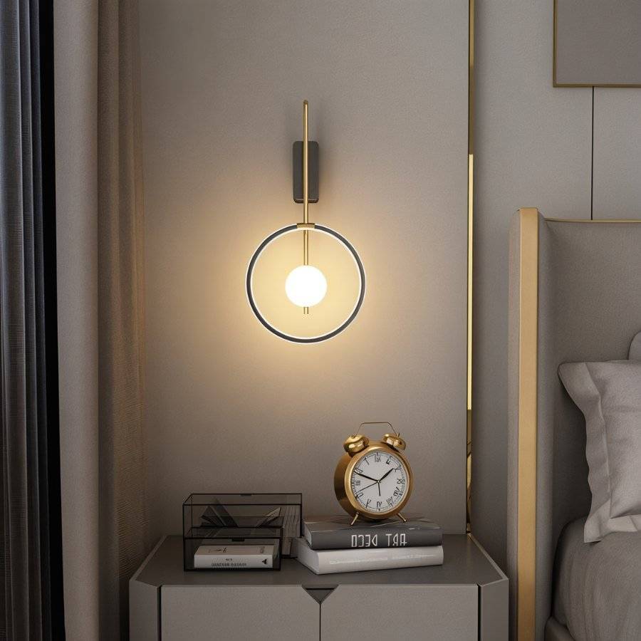 Clérachic ring wall light with a brass-toned arm and a glowing white glass ball above a bedside table with a gold clock.