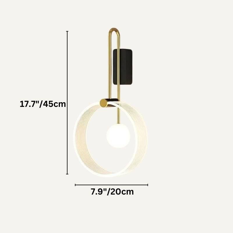 Clérachic clear fluted acrylic ring wall light with a glass ball, drawn with its 45 cm height and 20 cm width marked.