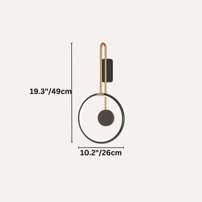 Clérachic black ring wall light with a black disc and brass-toned arm, drawn with its 49 cm height and 26 cm width marked.