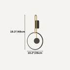 Clérachic black ring wall light with a black disc and brass-toned arm, drawn with its 49 cm height and 26 cm width marked.
