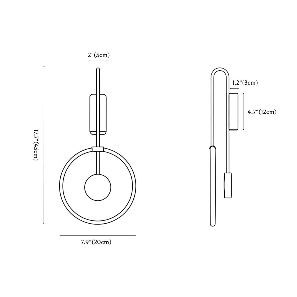 Clérachic wall light dimension drawing, 20 cm, every measurement marked in centimetres and inches.