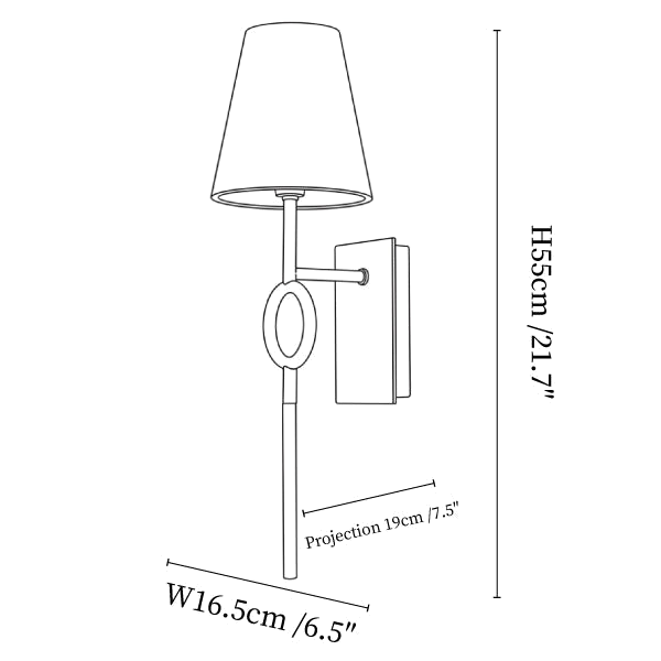 Clérachic wall light dimension drawing, every measurement marked in centimetres and inches.