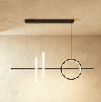 Clérachic black ring and bar pendant light with two frosted tube diffusers glowing white beside a single ring.