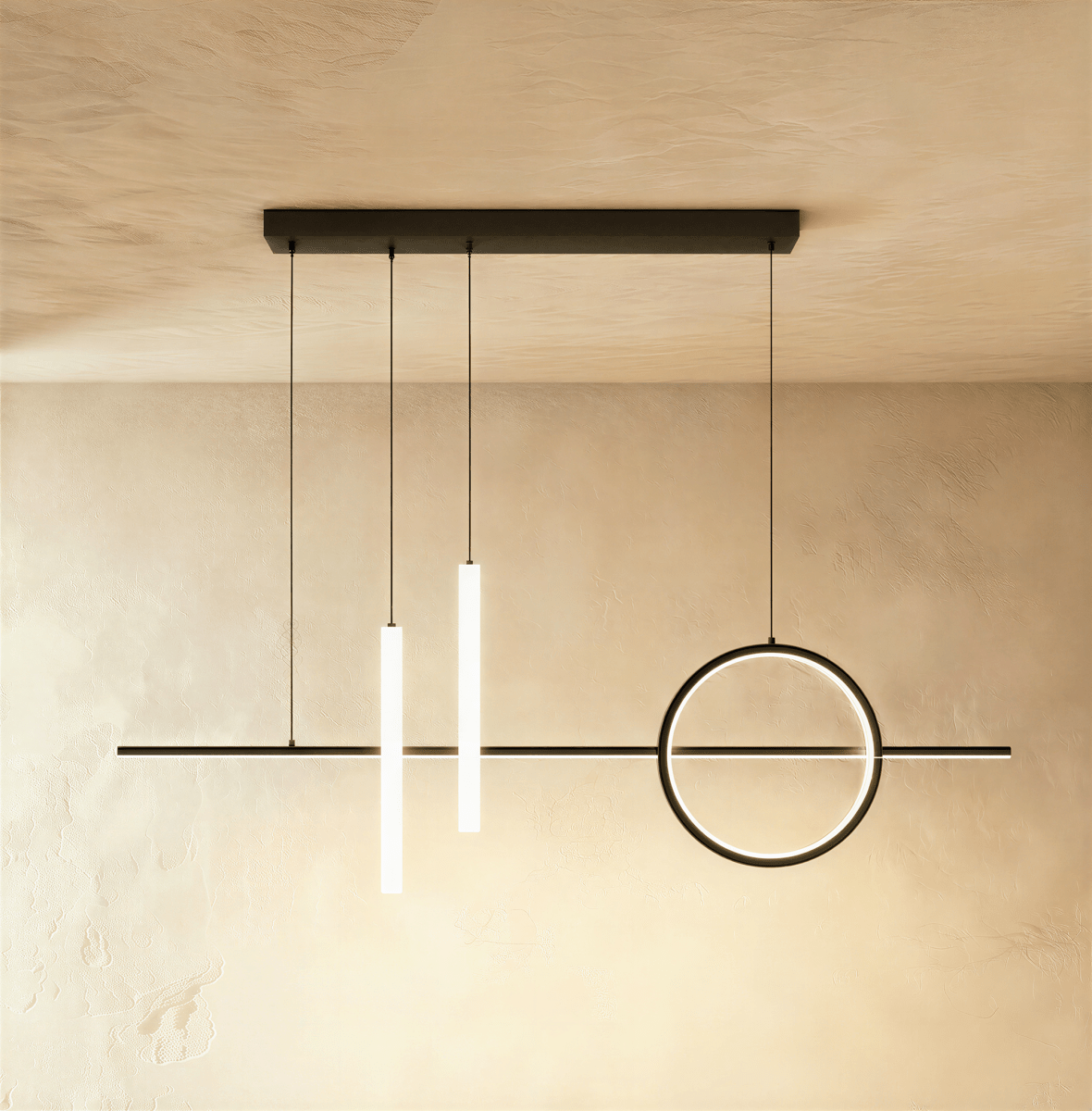 Clérachic black ring and bar pendant light with two frosted tube diffusers glowing white beside a single ring.