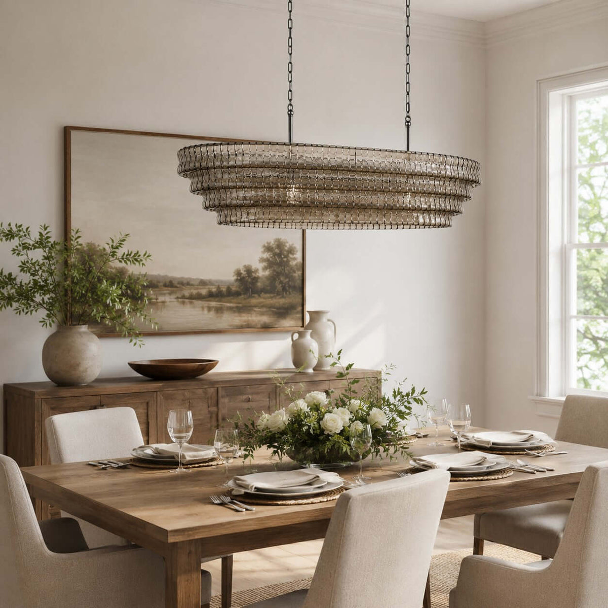Above a rustic dining table set for dinner, this Clérachic chandelier shows layered grey-tinted glass beside a landscape painting.