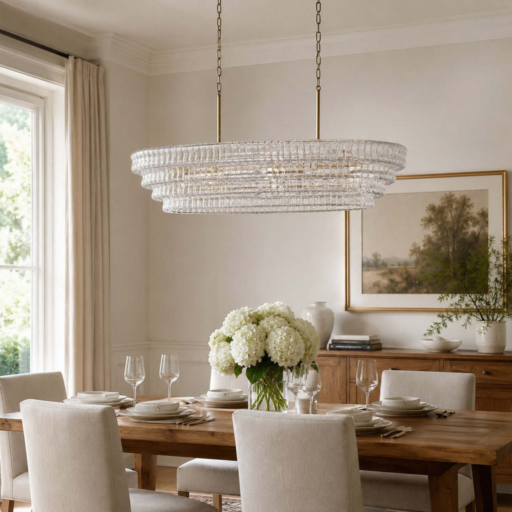 Clear rippled glass tiers on a Clérachic chandelier over a wooden dining table with white hydrangeas, beside tall curtained windows.