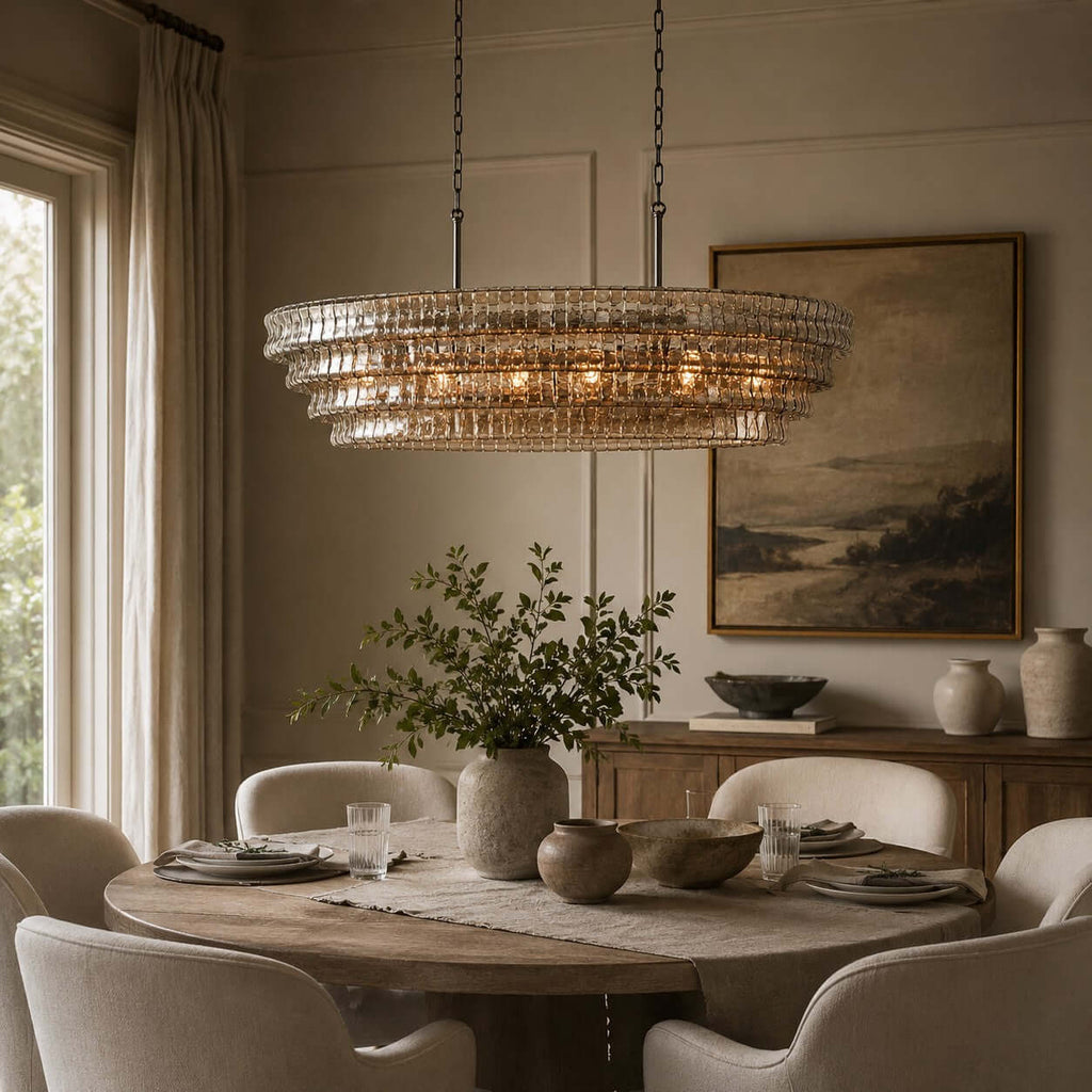 Smoked glass tiers of this Clérachic chandelier hang over a round dining table with olive branches and a muted landscape painting behind.