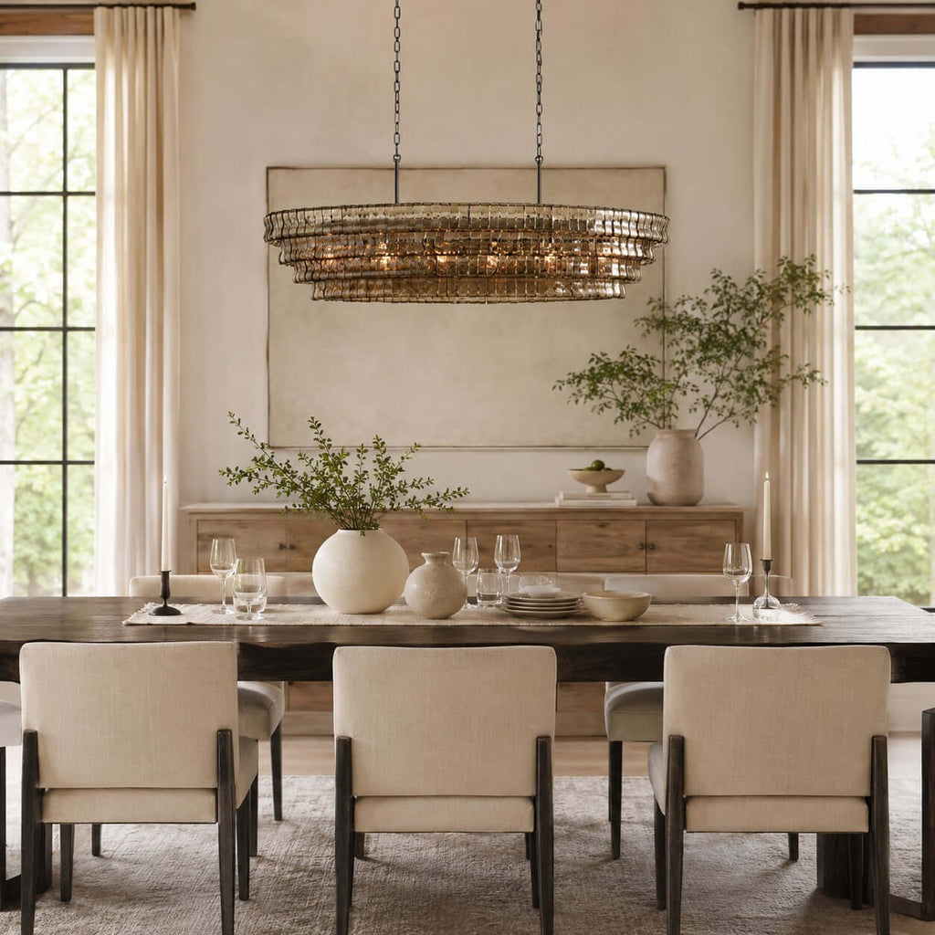 A long, dark-framed Clérachic chandelier with lit glass tiers hangs above a dark dining table and cream upholstered chairs.