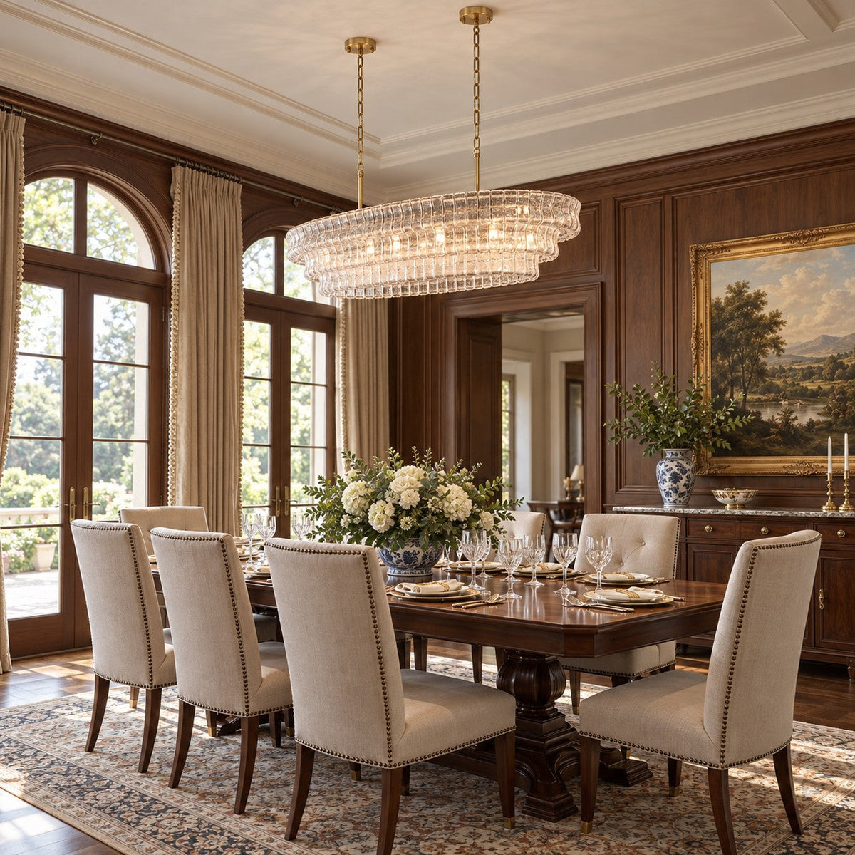 Clear glass tiers on this Clérachic chandelier hang with brass-coloured stems in a panelled dining room with a carved wooden table.