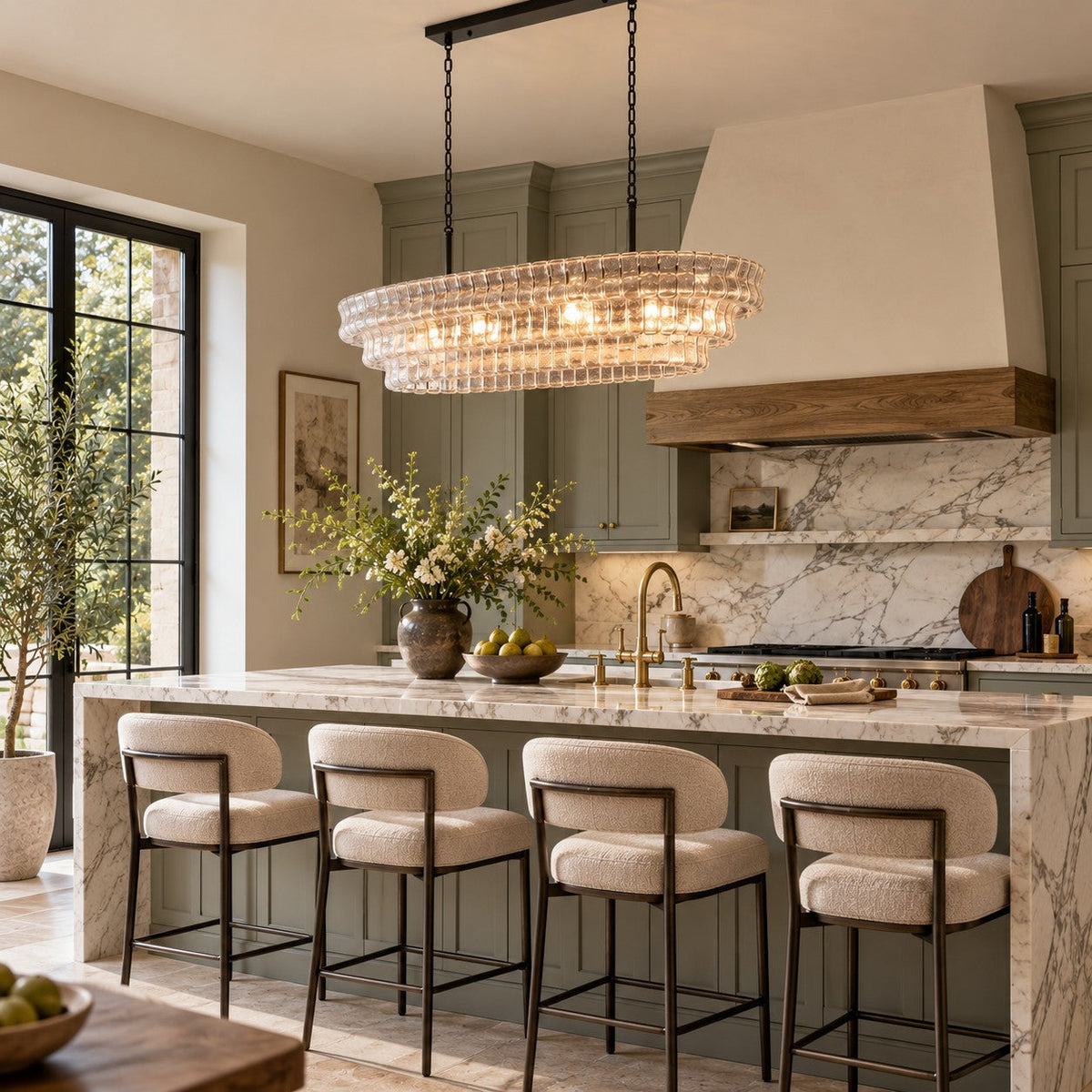 Clear stepped glass on this Clérachic chandelier hangs over a marble kitchen island with cream bouclé stools and sage-green cabinets.