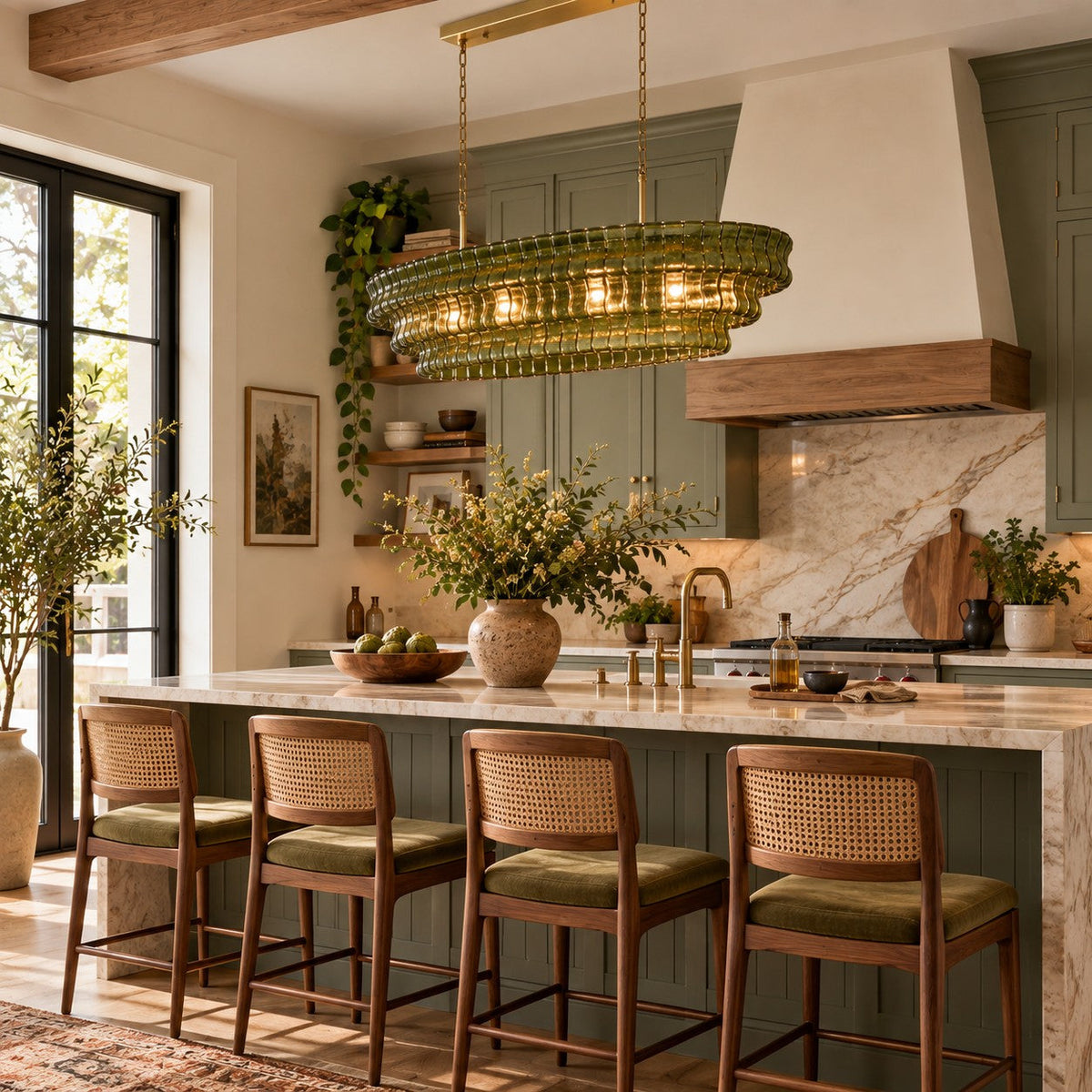 A green-glass Clérachic chandelier glows above a kitchen island with cane-backed stools, sage cabinets and a marble splashback.