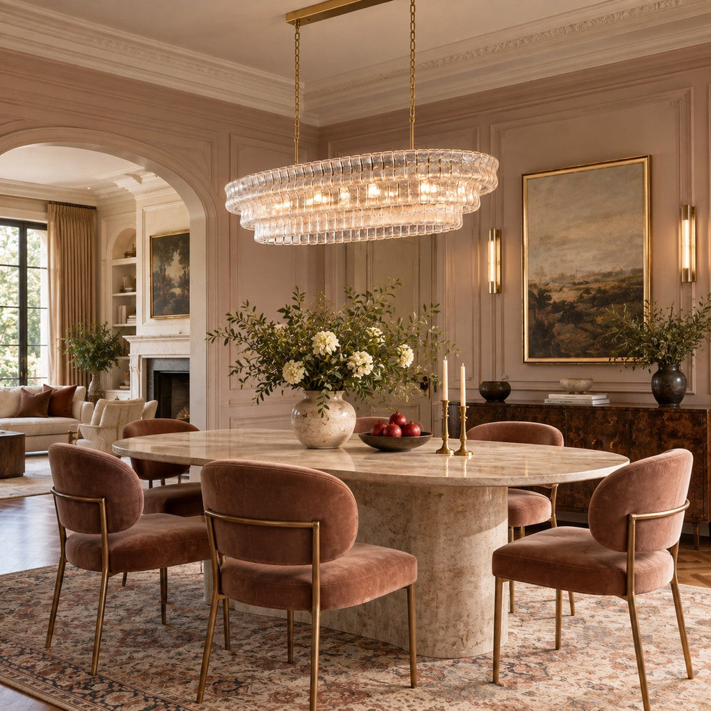 Clear glass tiers of this Clérachic chandelier light a blush-pink dining room with an oval stone table and dusty-rose chairs.
