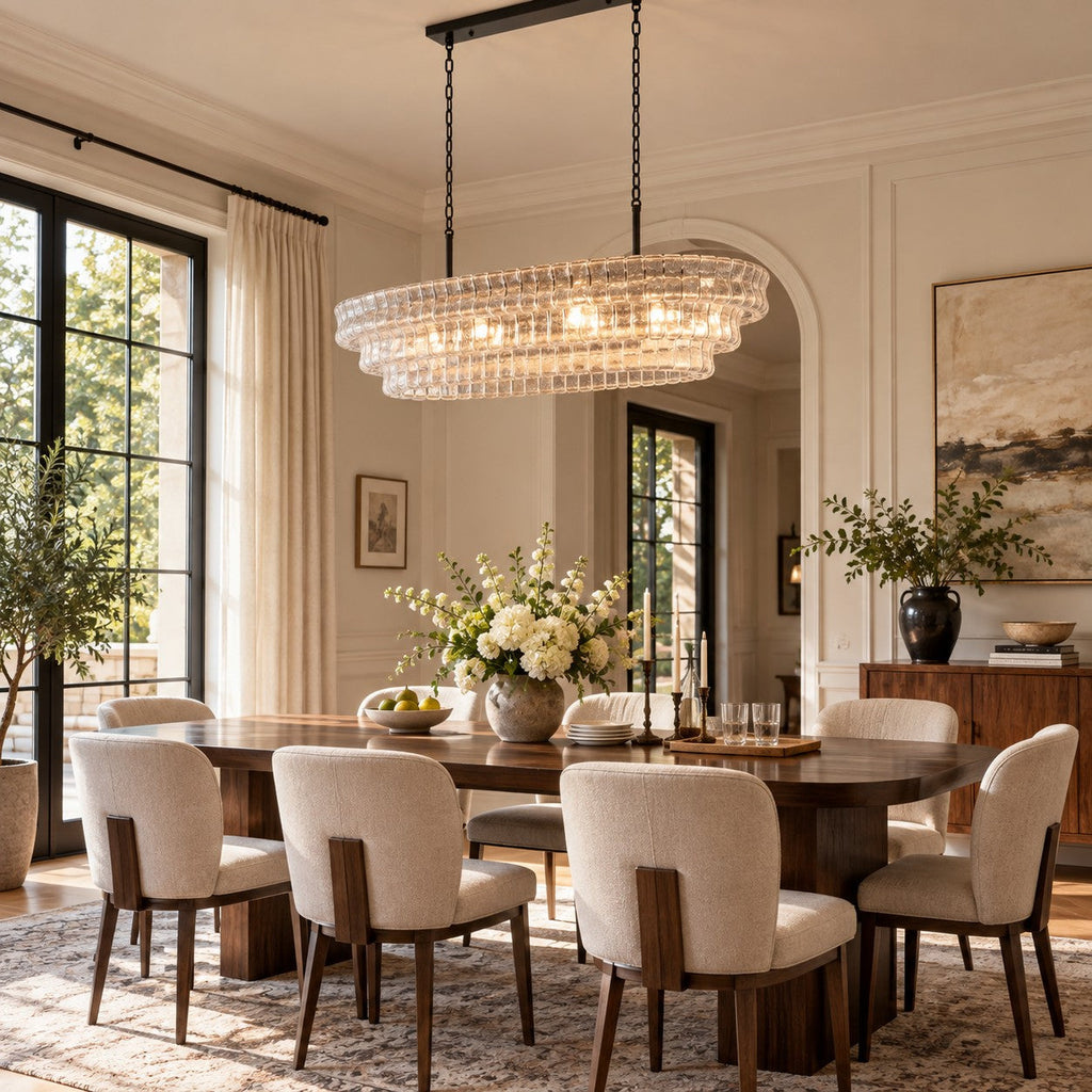 Hanging low over a dark wood table with cream chairs, this Clérachic chandelier shows clear rippled glass and a black canopy.