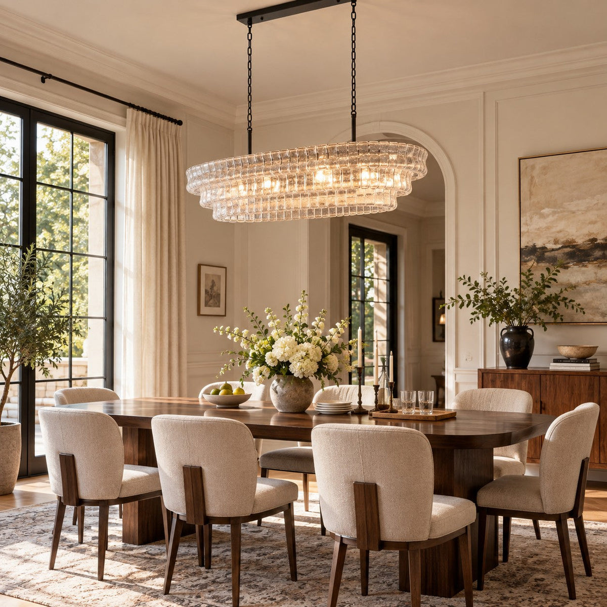 Hanging low over a dark wood table with cream chairs, this Clérachic chandelier shows clear rippled glass and a black canopy.