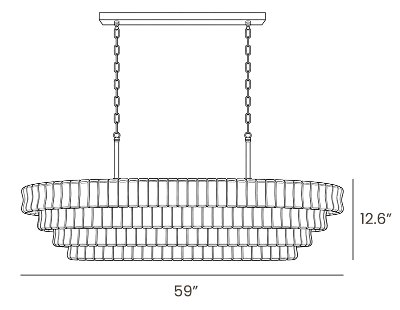Dimension drawing of this Clérachic chandelier in its four-tier form, with its height and width marked.