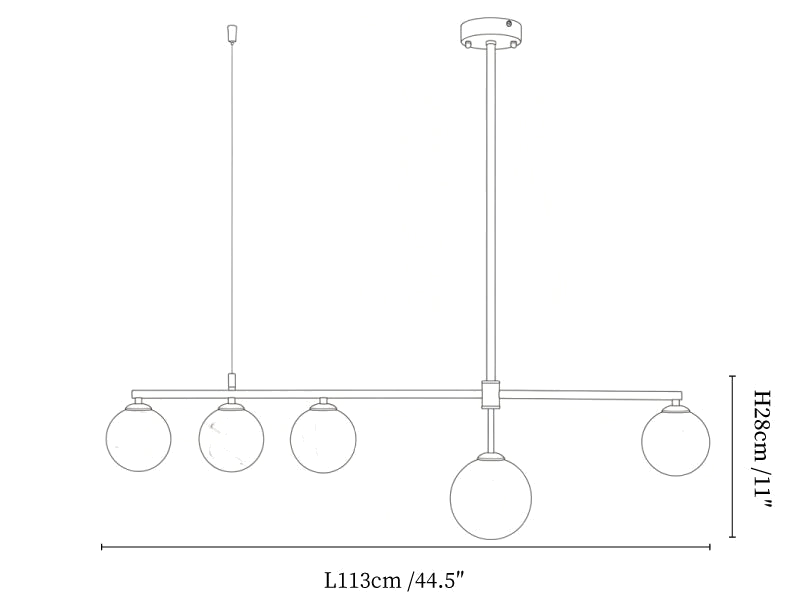 Clérachic chandelier dimension drawing, every measurement marked in centimetres and inches.