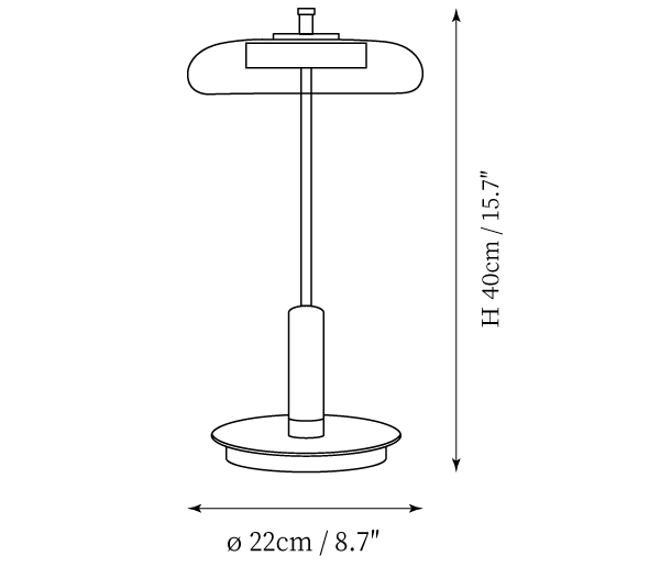 Dimension drawing of this Clérachic table lamp, with its 40 cm height and 22 cm base diameter marked.