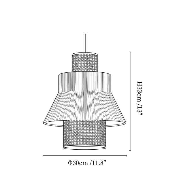 Clérachic pendant light dimension drawing, 1 of 3, every measurement marked in centimetres and inches.