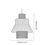 Clérachic pendant light dimension drawing, 1 of 3, every measurement marked in centimetres and inches.