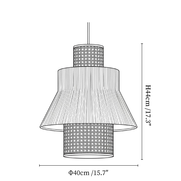 Clérachic pendant light dimension drawing, 2 of 3, every measurement marked in centimetres and inches.