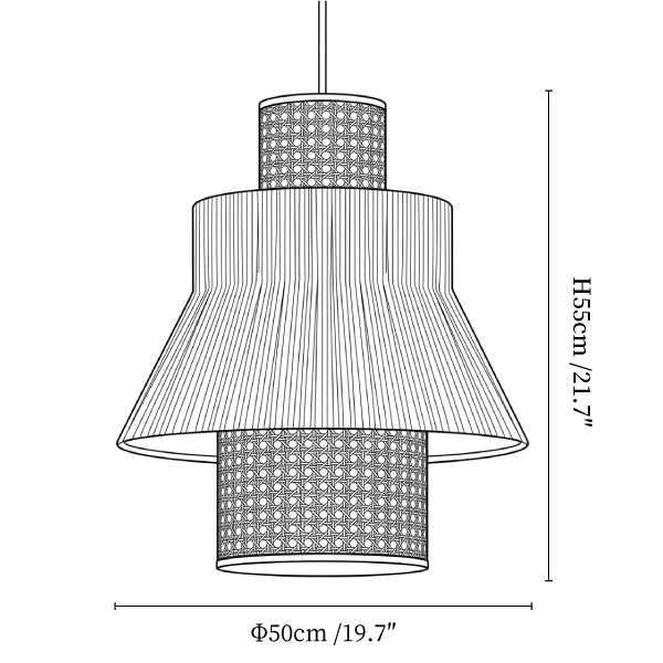Clérachic pendant light dimension drawing, 3 of 3, every measurement marked in centimetres and inches.
