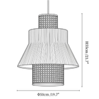 Clérachic pendant light dimension drawing, 3 of 3, every measurement marked in centimetres and inches.