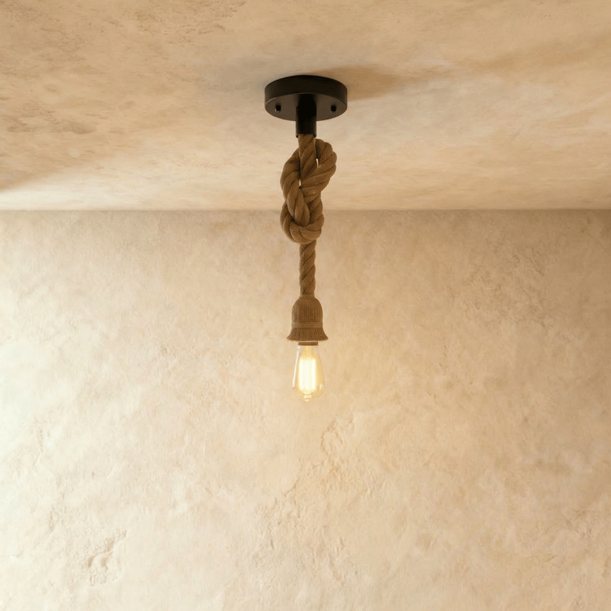 Clérachic single pendant on a thick natural hemp rope with a loose overhand knot, a black ceiling plate and a filament bulb.