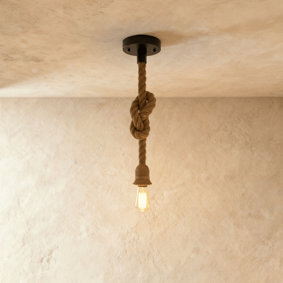 Clérachic single hemp rope pendant with a knot partway down the drop, a frayed rope socket cover and a warm filament bulb.