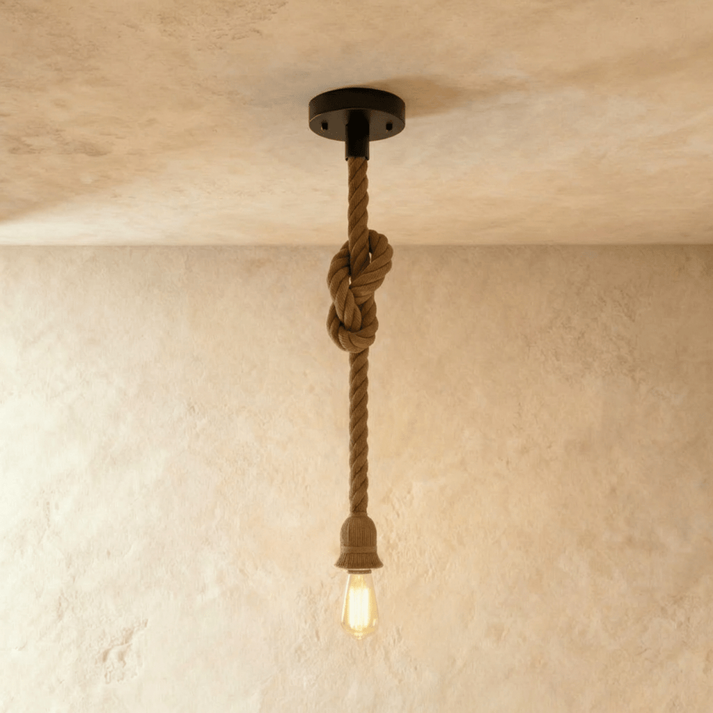 Clérachic hemp rope pendant with a longer drop, a black ceiling plate, a knot near the top and a bare filament bulb below.