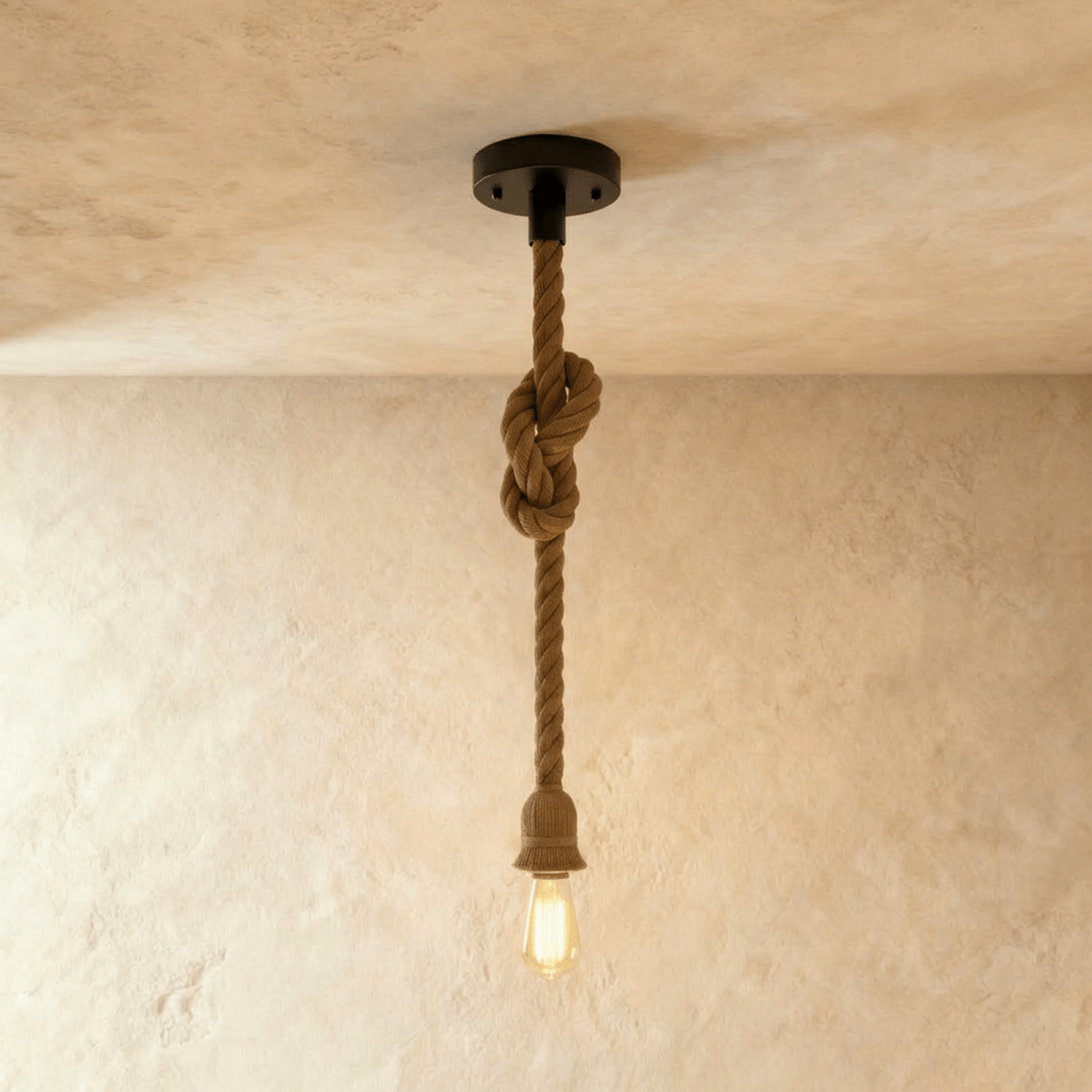Clérachic hemp rope pendant with a longer drop, a black ceiling plate, a knot near the top and a bare filament bulb below.