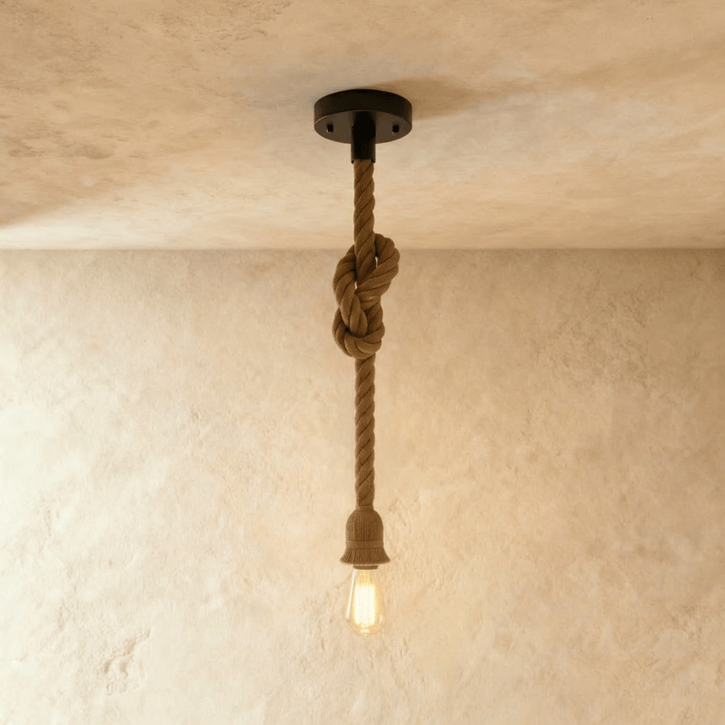 Clérachic single hemp rope pendant hanging from a black ceiling plate, with a knot, a rope-wrapped socket and a lit bulb.