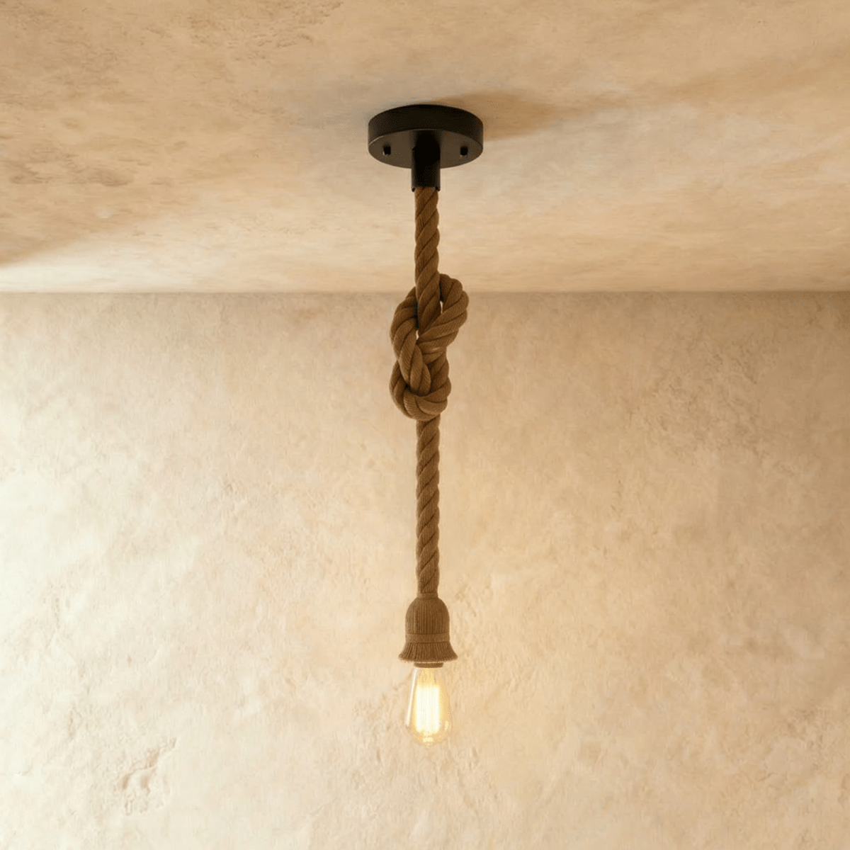 Clérachic single hemp rope pendant hanging from a black ceiling plate, with a knot, a rope-wrapped socket and a lit bulb.