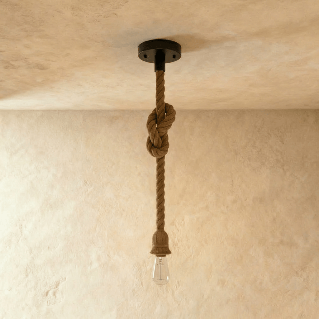 Clérachic single hemp rope pendant with a clear bulb, shown at its longest drop from a black ceiling plate on limewash.