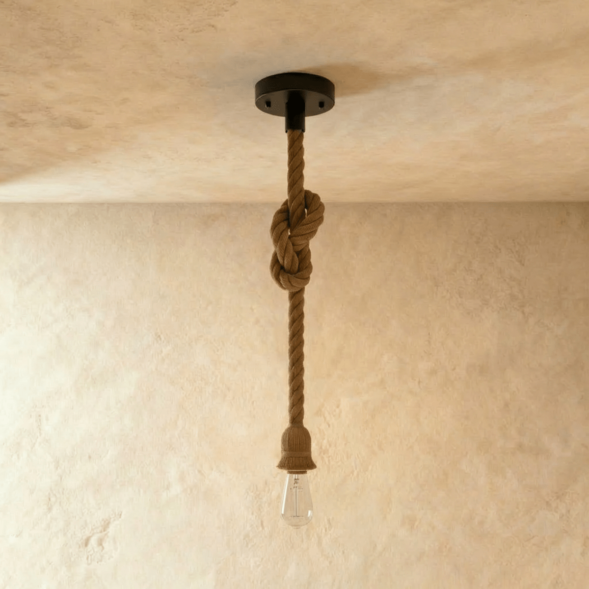 Clérachic single hemp rope pendant with a clear bulb, shown at its longest drop from a black ceiling plate on limewash.