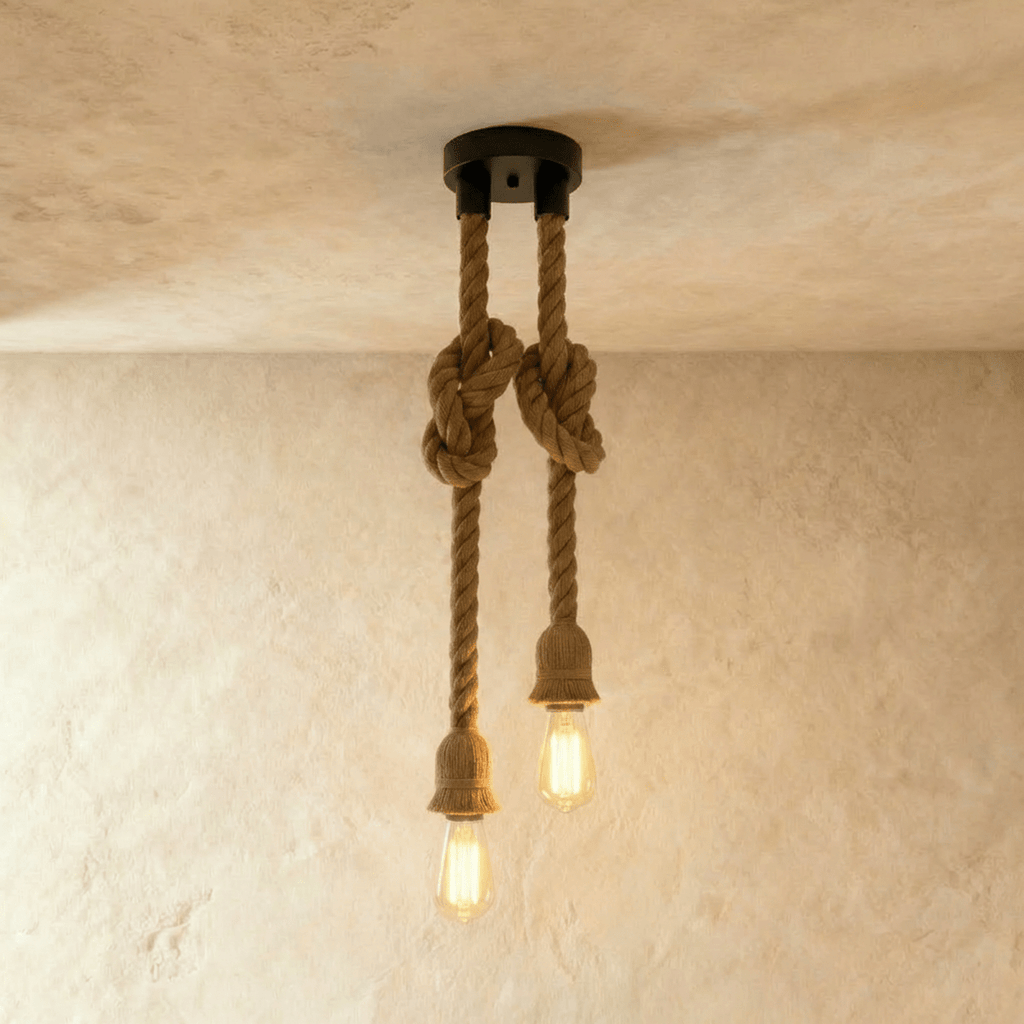 Clérachic twin hemp rope pendant with two knotted rope drops of different lengths from one black ceiling plate.