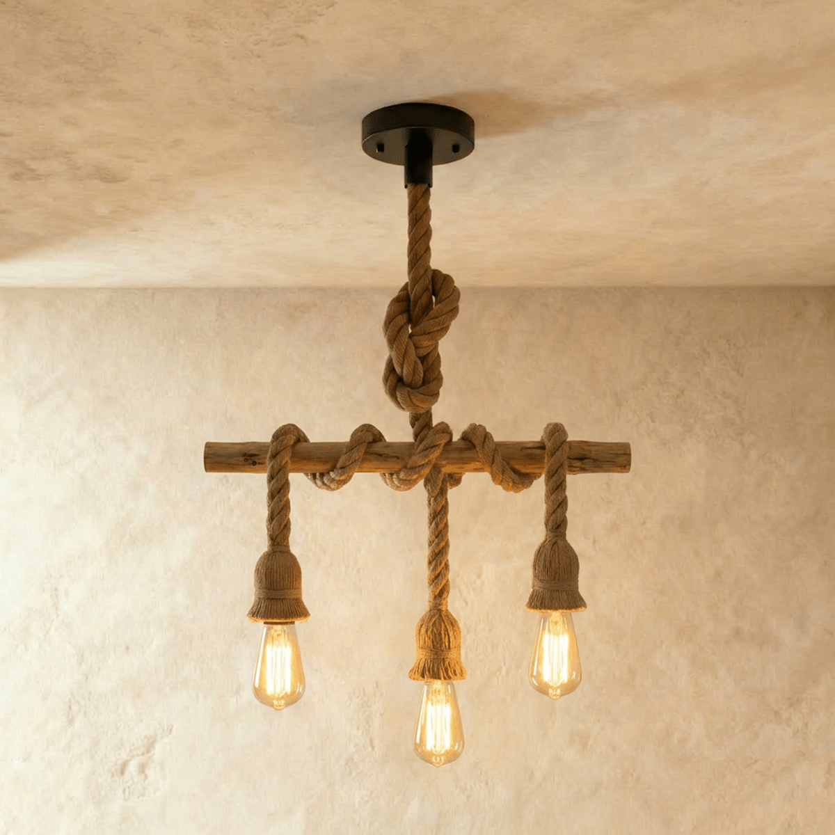 Clérachic three-bulb rope pendant with a rough timber bar, hemp rope wrapped across it and three lit filament bulbs.