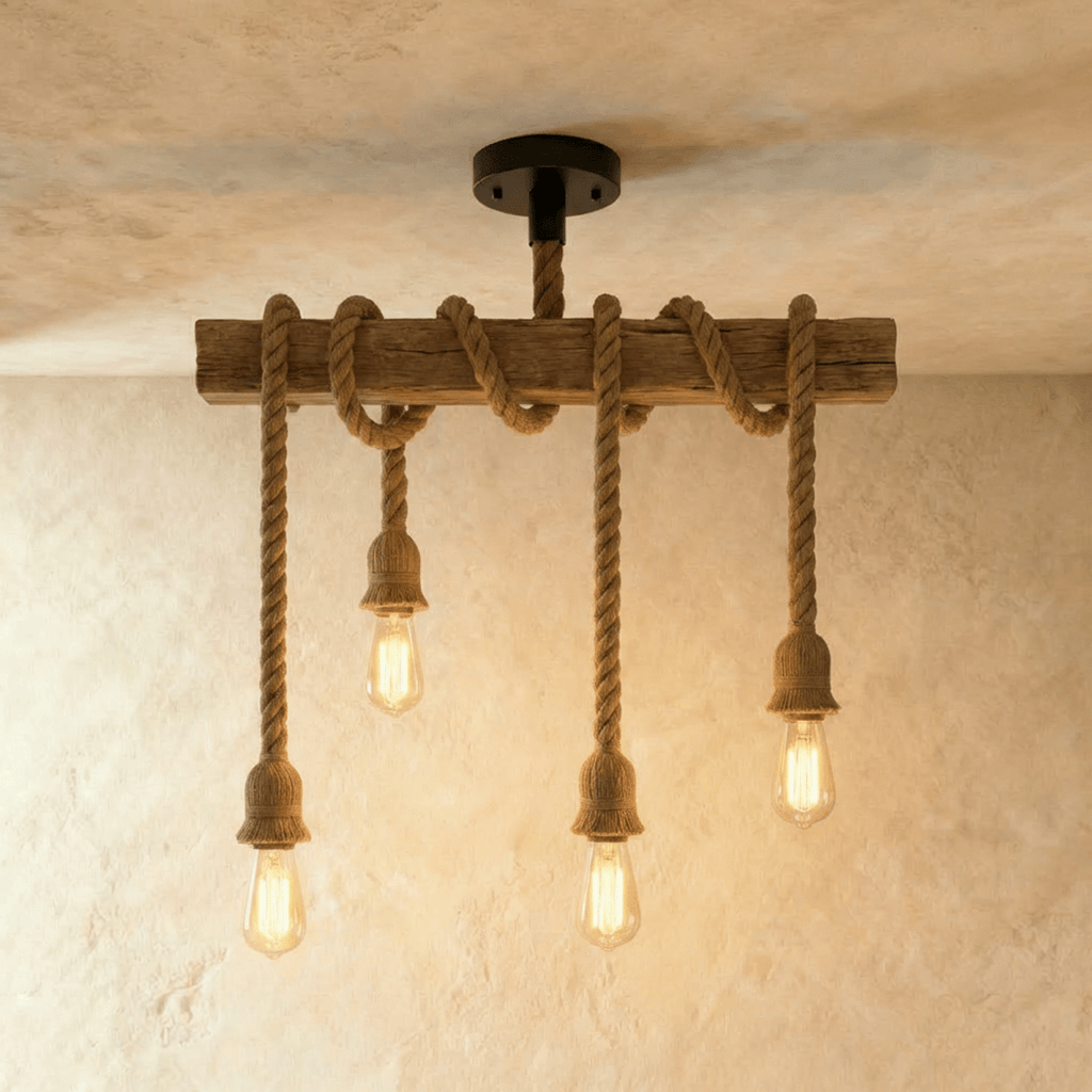Clérachic four-bulb pendant with a weathered timber beam, hemp rope drops at varied lengths and warm filament bulbs.