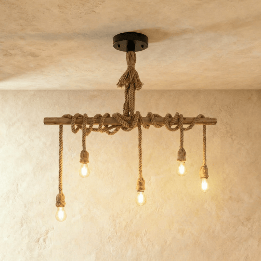 Clérachic five-bulb pendant with a slim timber bar wrapped in hemp rope and bulbs hanging at staggered heights.