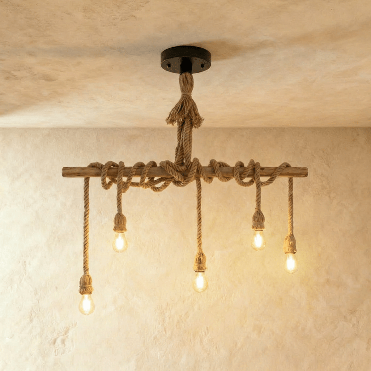 Clérachic five-bulb pendant with a slim timber bar wrapped in hemp rope and bulbs hanging at staggered heights.