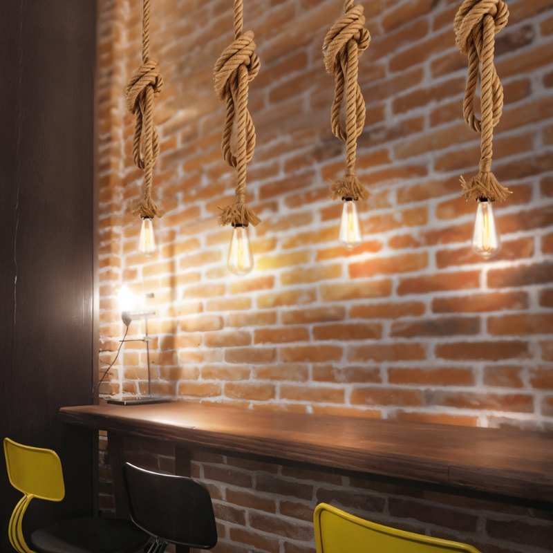 Row of Clérachic hemp rope pendants with big knots and filament bulbs lighting a red brick wall above a timber counter.