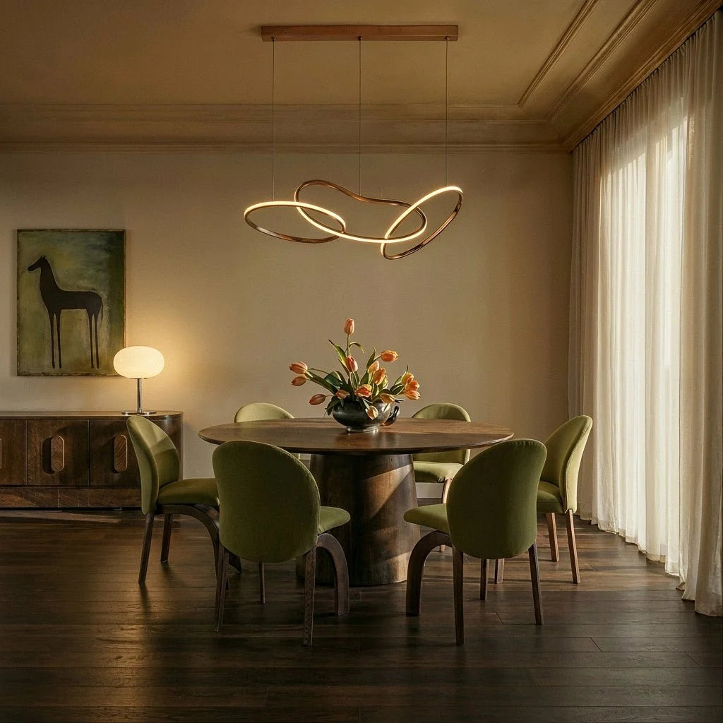 Clérachic chandelier centred over a round dining table, its rose gold loops glowing above green upholstered chairs.