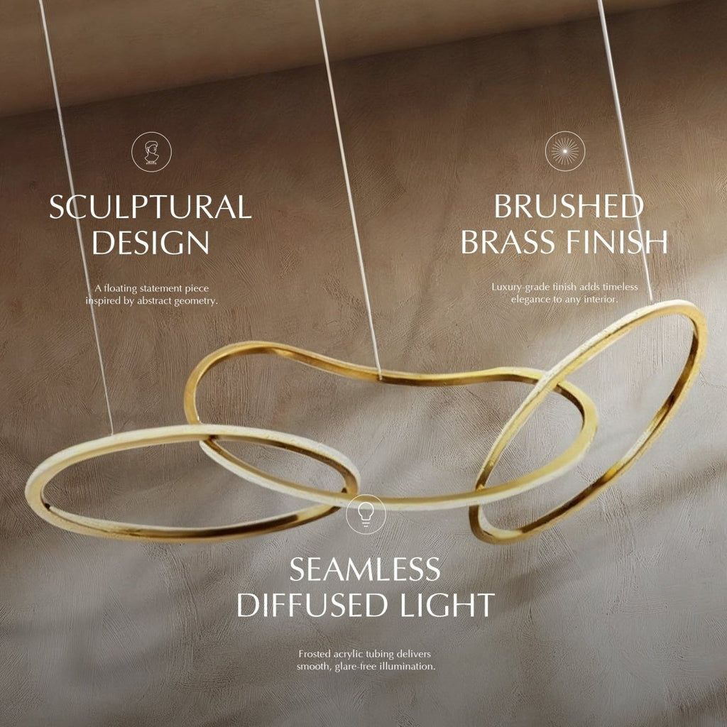 Feature callouts for the Clérachic chandelier highlighting its sculptural form, brass finish and diffused ring lighting.