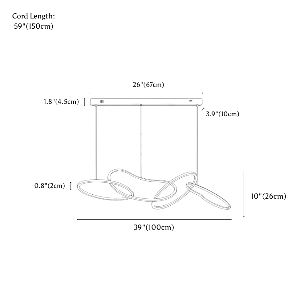 Clérachic chandelier dimension drawing, 4 Heads, 100 cm × 26 cm, 56 W, every measurement marked in centimetres and inches.
