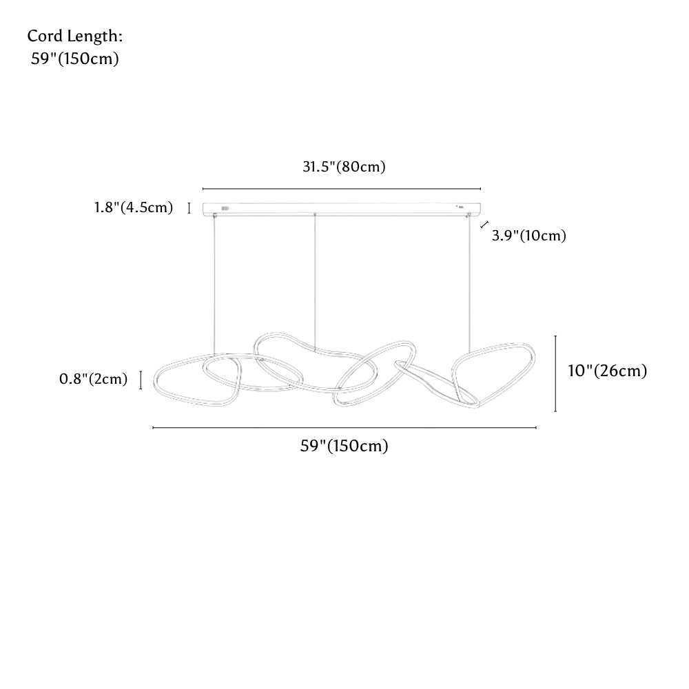 Clérachic chandelier dimension drawing, 6 Heads, 150 cm × 26 cm, 85 W, every measurement marked in centimetres and inches.