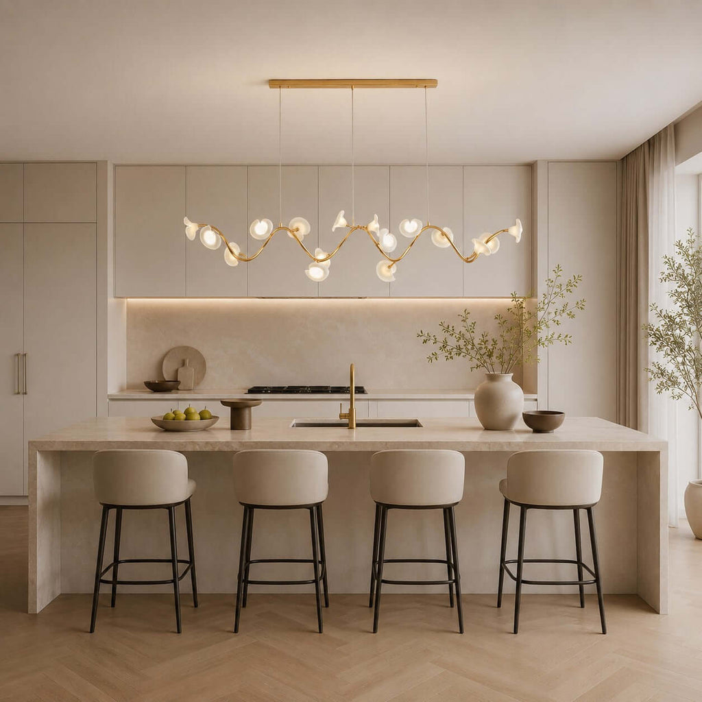This Clérachic linear chandelier winds across a kitchen above a pale stone island with four tall bar stools.