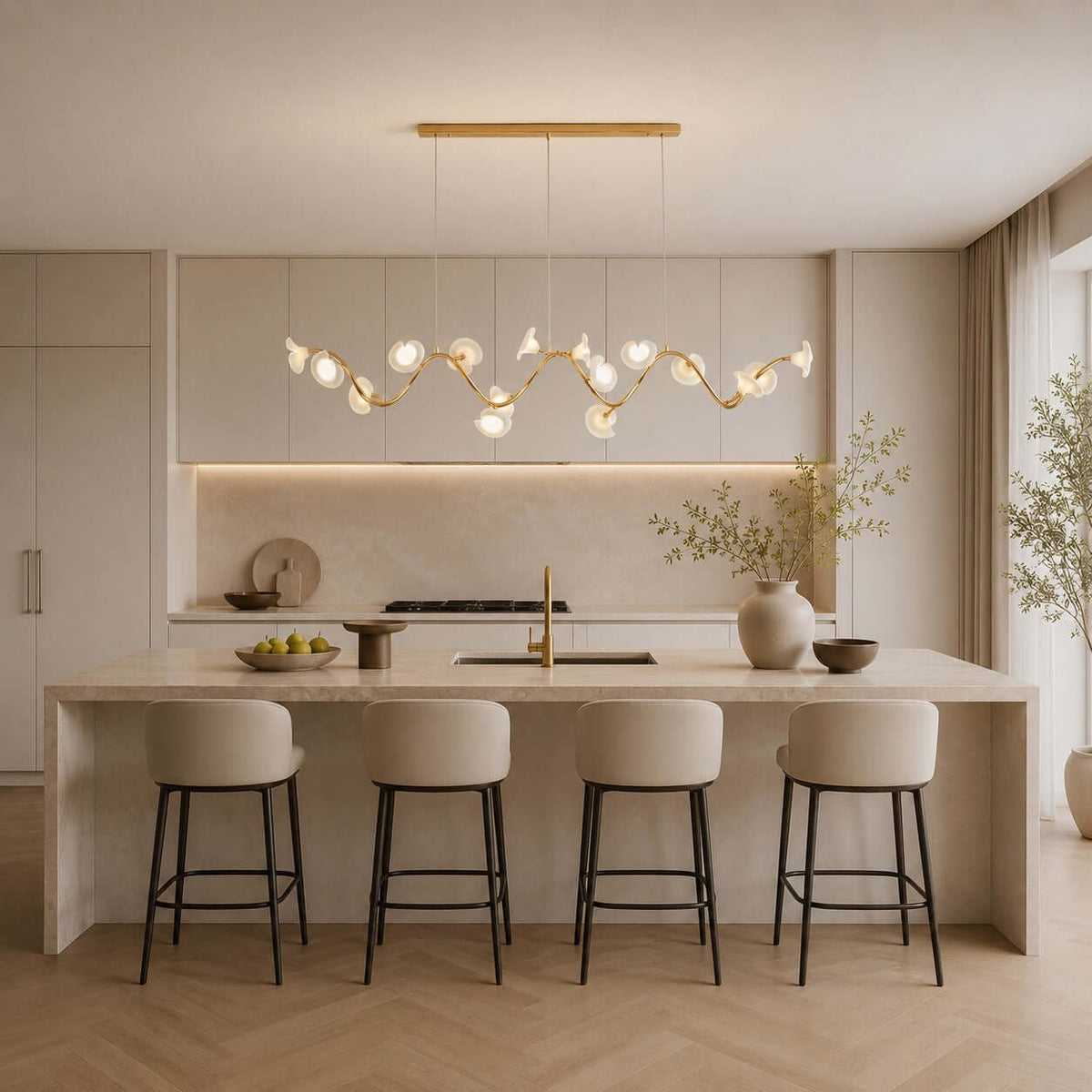 This Clérachic linear chandelier winds across a kitchen above a pale stone island with four tall bar stools.