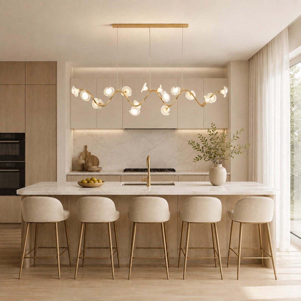 A Clérachic chandelier with ceramic blossoms on a wavy gold stem hangs in front of cream kitchen cabinets, over a marble island.