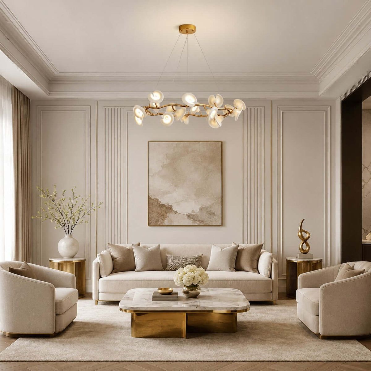 A round ceramic petal Clérachic chandelier hangs in a panelled living room with a cream sofa, two armchairs and a gold side table.