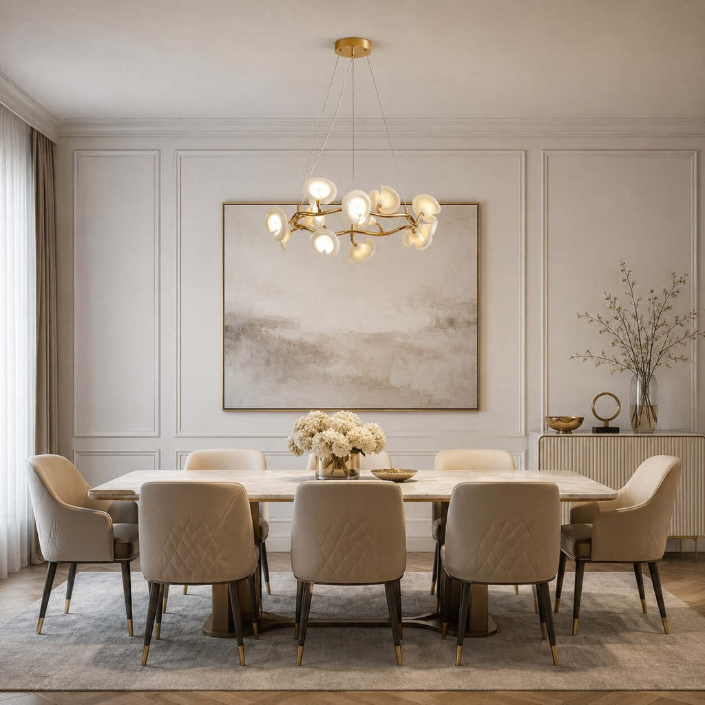 White ceramic petals on this Clérachic chandelier glow over a long dining table with quilted chairs, in front of a large soft painting.