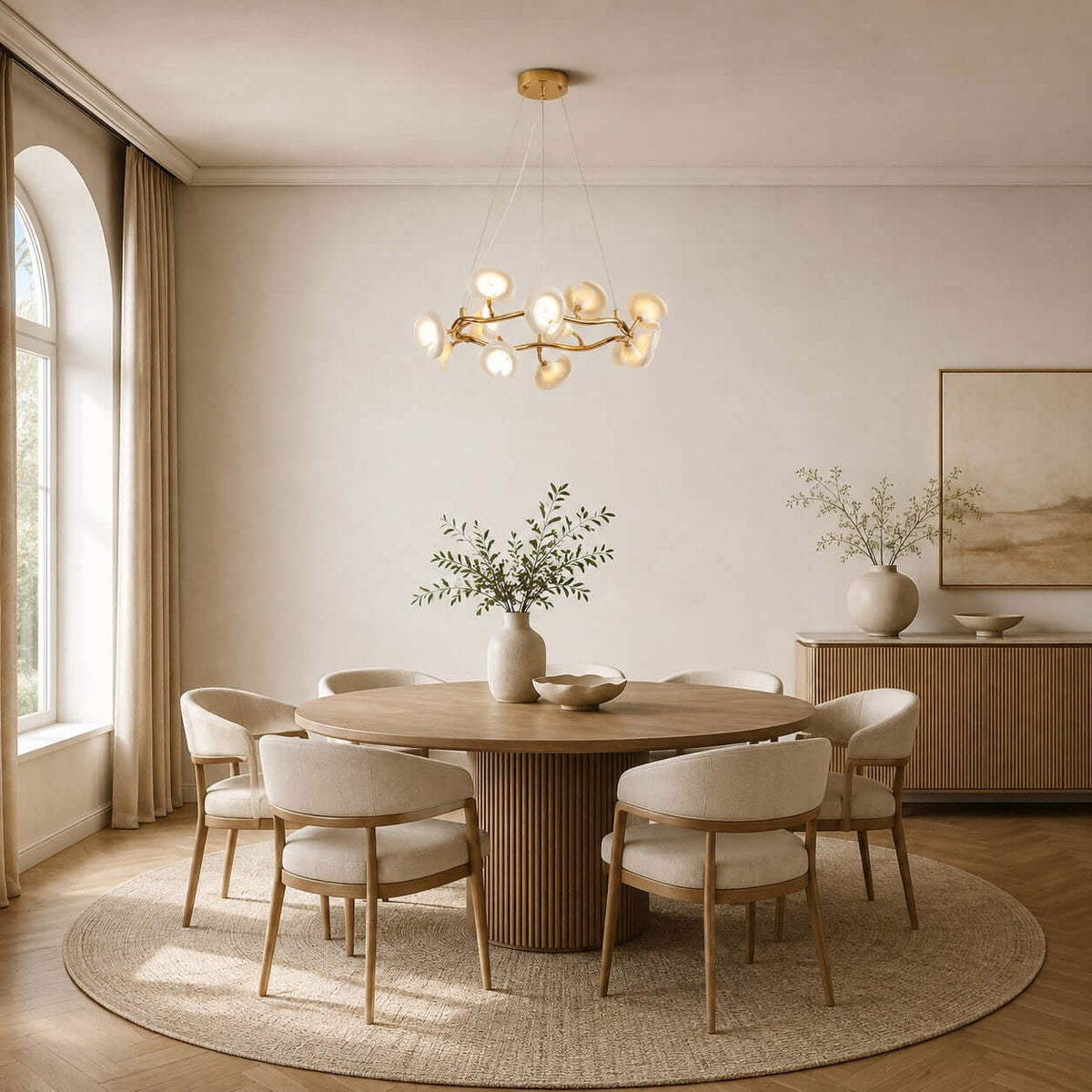 Clérachic chandelier with petals on gold branches over a round wooden dining table, with an arched window and a rattan rug below.